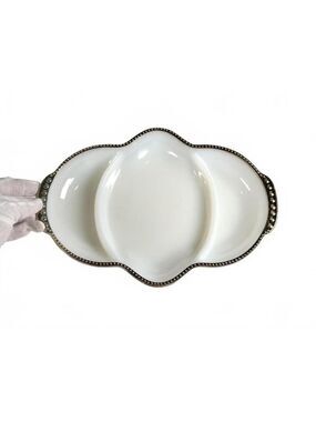 Vintage Fire King Milk Glass 3-Section Divided Dish Gold Beaded Trim Made in USA